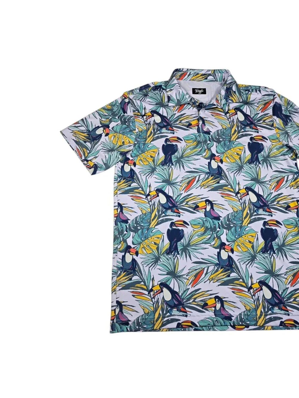Waggle Men's Toucan Tropical Floral AOP Performance Golf Polo Shirt, Size Medium - Picture 3 of 9